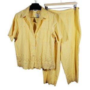 3pc Pant Set Pastel Yellow Linen Blend Casual-Suit Embroidered Floral VTG 90s